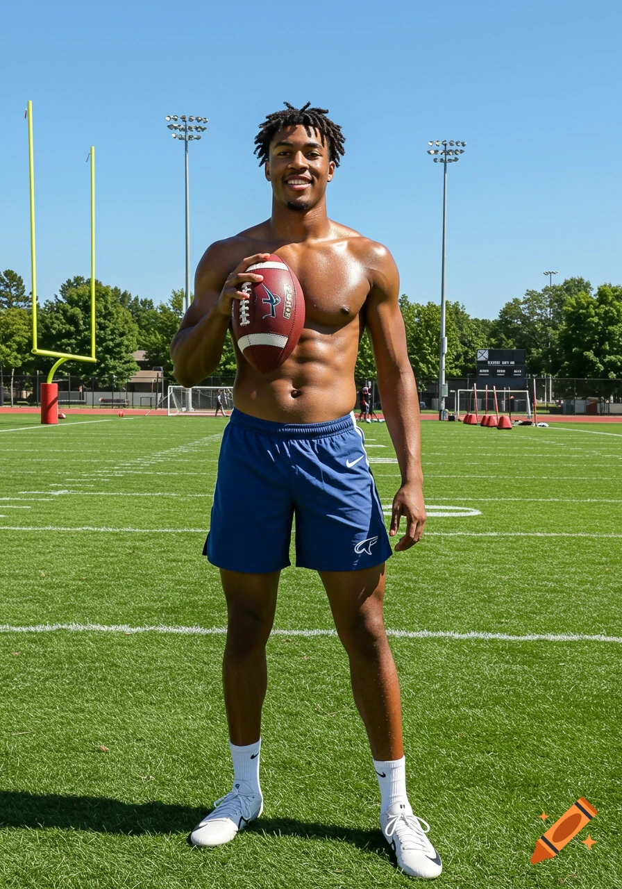 A smiling, shirtless male football player stands on a sunny field, holding a football.