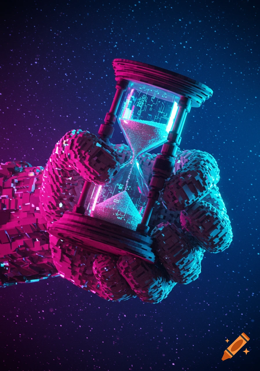 A pixelated fist, lit with neon pink and blue, holds an hourglass with glowing circuit patterns in a starry, cosmic background.