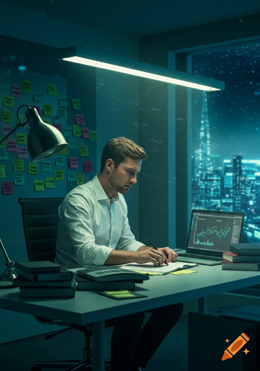 A man in a white shirt studies at a desk with a laptop and books in a dark office, city lights visible outside the window.