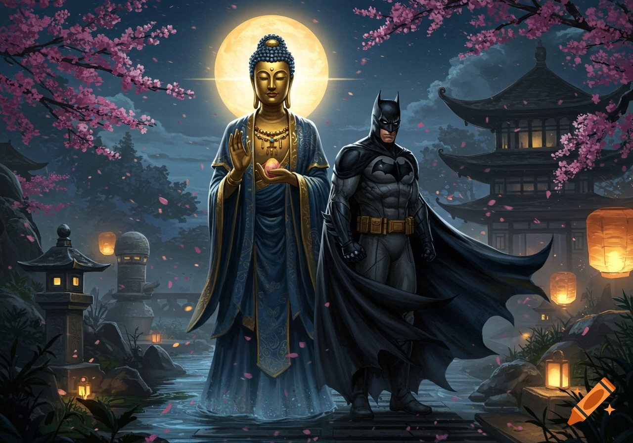 A golden Buddha statue and Batman stand side-by-side in a serene Japanese garden at night, with cherry blossoms and glowing lanterns.