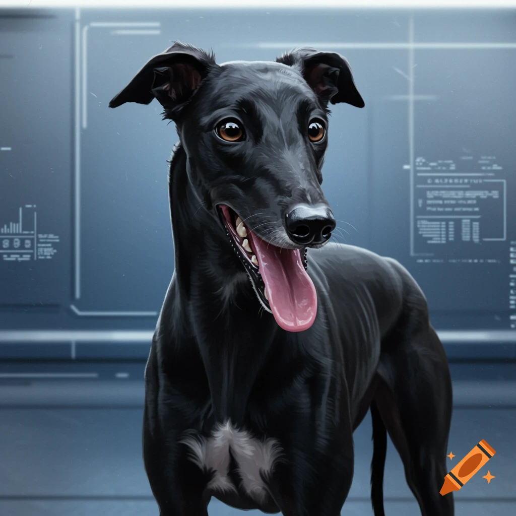 A black greyhound with its long pink tongue hanging out, looking forward against a blue futuristic digital background.
