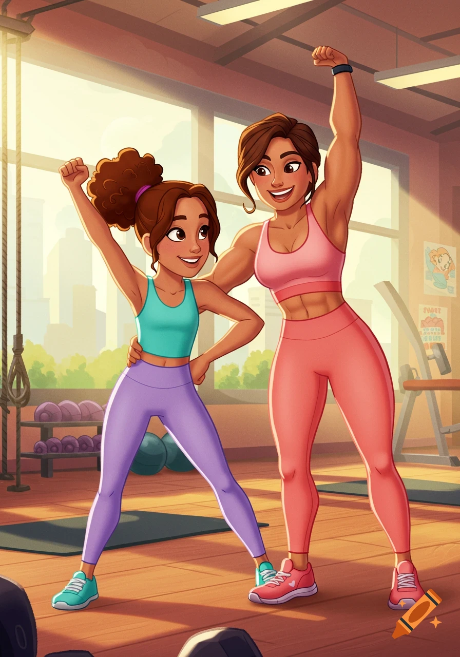 Two cartoon women, one muscular, flex their arms in a gym.