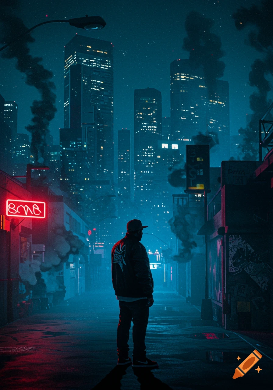 A silhouetted person stands in a moody, neon-lit cyberpunk cityscape at night, looking towards towering skyscrapers.