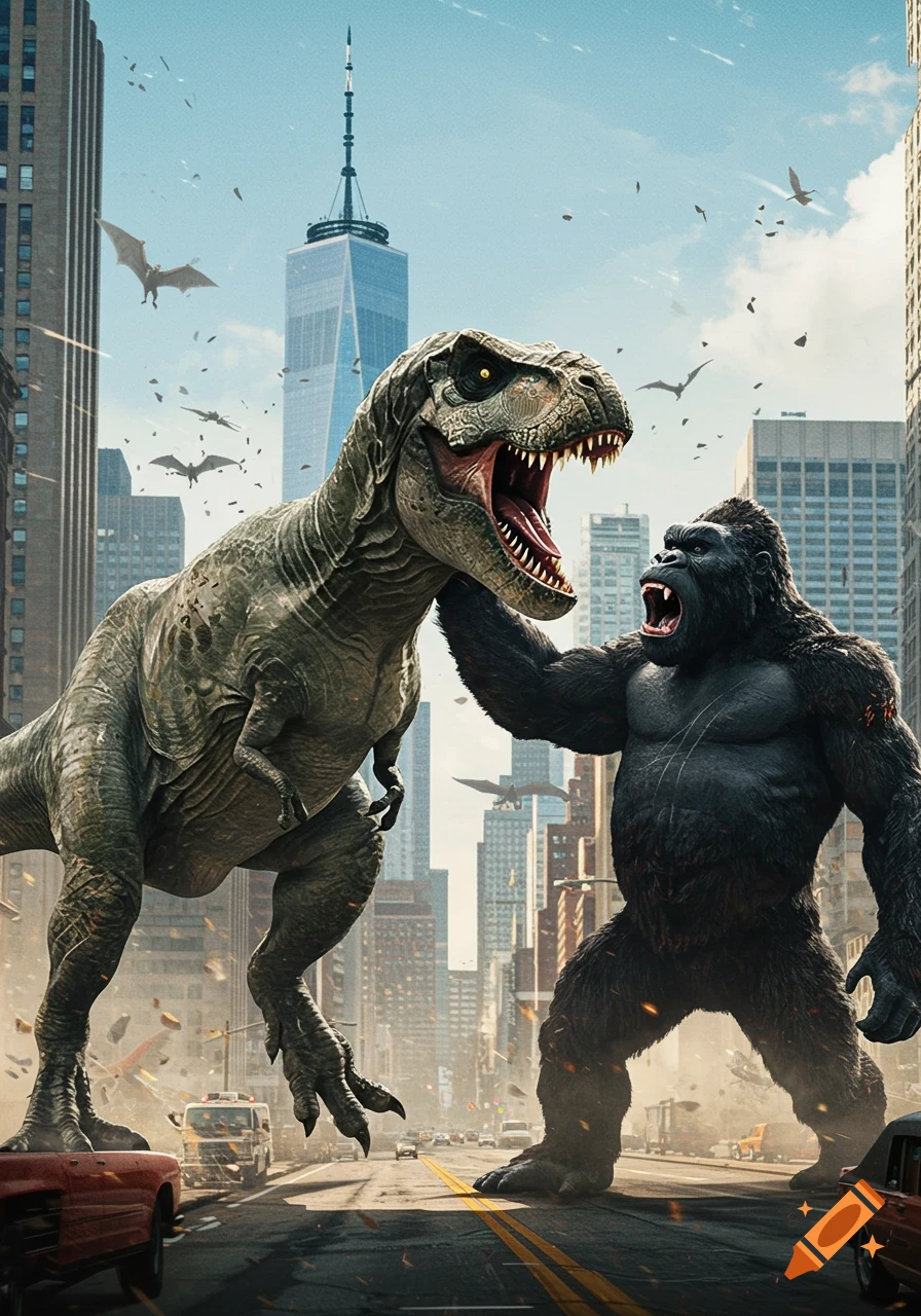 A giant T-Rex and King Kong battle in a destroyed city street, with the One World Trade Center in the background.