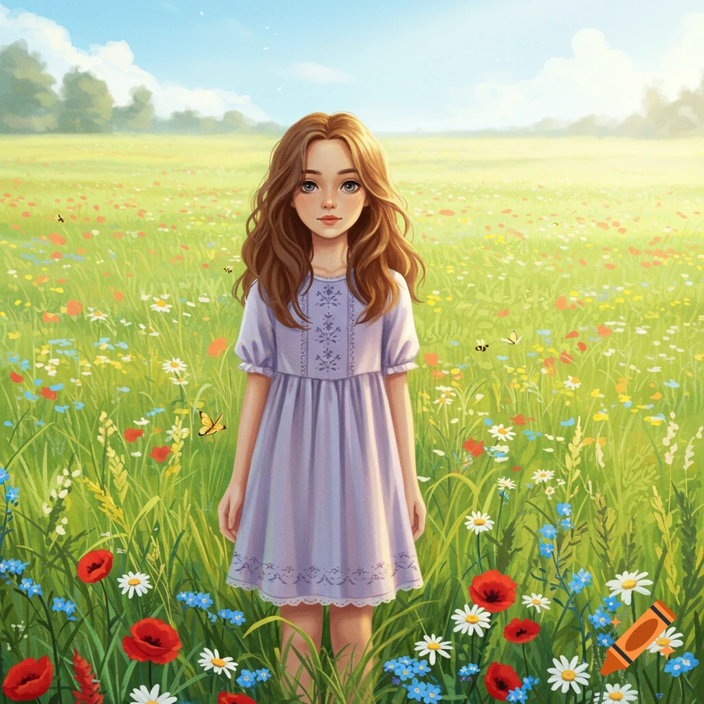 An illustrated young girl with brown hair and a purple dress stands in a vibrant field of colorful wildflowers under a blue sky.