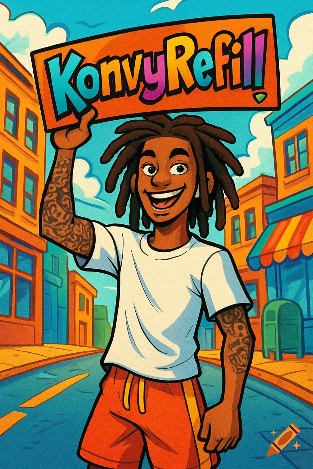 A smiling young man with dreadlocks and arm tattoos holds up a colorful sign that says "KonvyRefill!" in a vibrant cartoon city street.