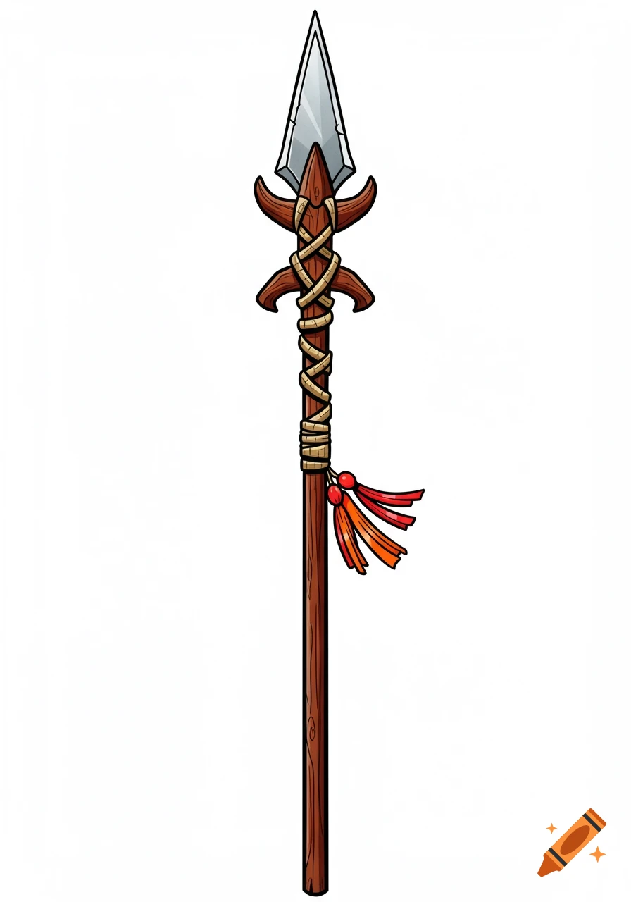 A color comic book style drawing of a tiki spear with a long handle, rounded blade, rope winding, and tassels on a white background.