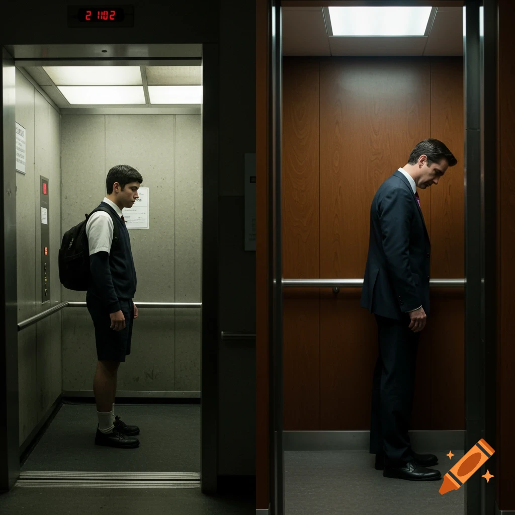 A split image: a young man in a school uniform in a light elevator; a man in a suit in a wood-paneled elevator. Both look down.