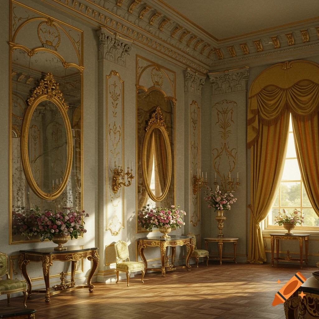 A luxurious Regency-era room with ornate gold mirrors, console tables with floral arrangements, golden curtains, and sunlit wooden floors.