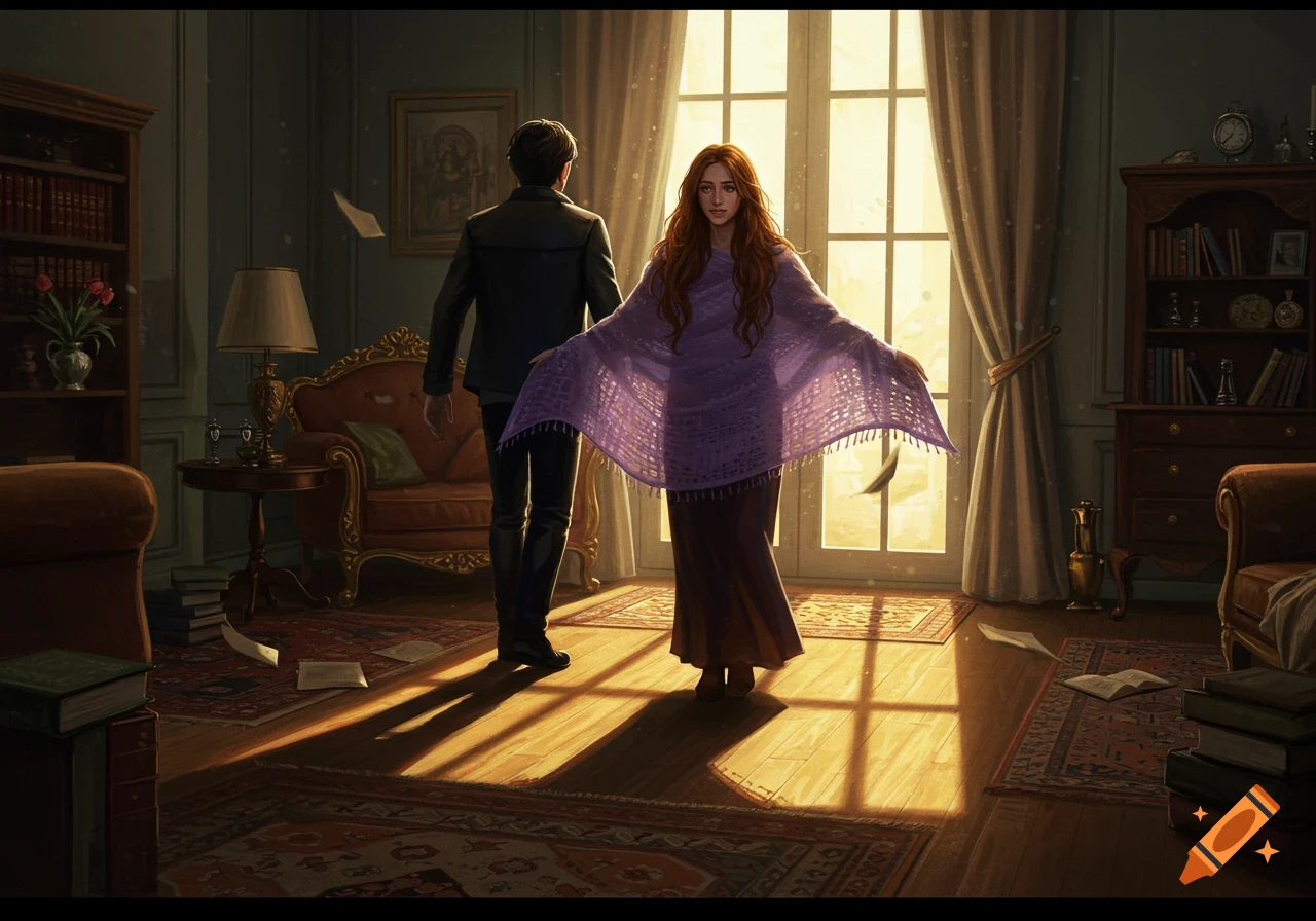 A man walks away as a woman in a purple shawl faces the viewer, standing in a dimly lit room with sunlight streaming through a large window.