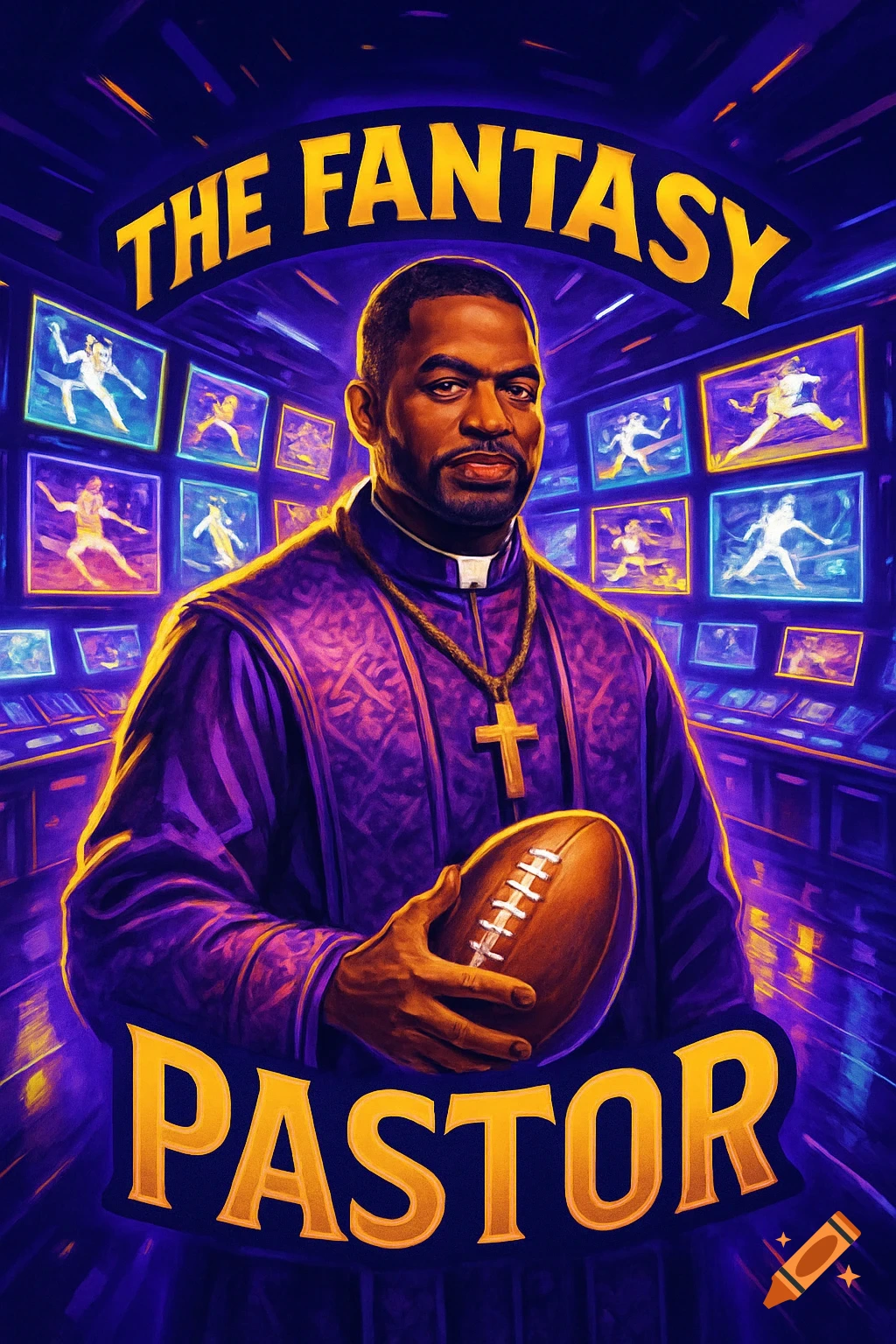 Vibrant illustration of a pastor in purple holding a football, surrounded by screens, with 'THE FANTASY PASTOR' title.