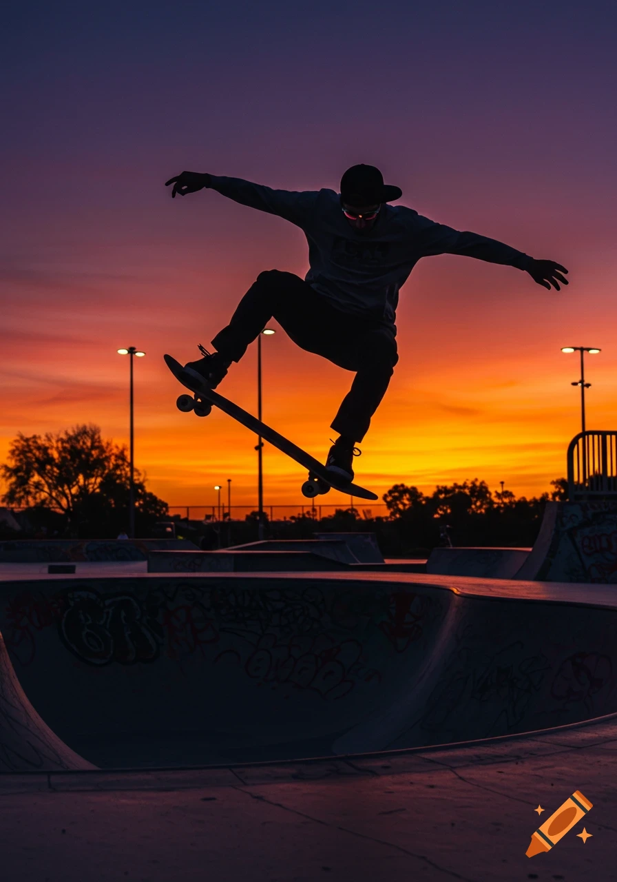 A silhouetted skateboarder leaps in the air against a vibrant orange and purple sunset in a skatepark.