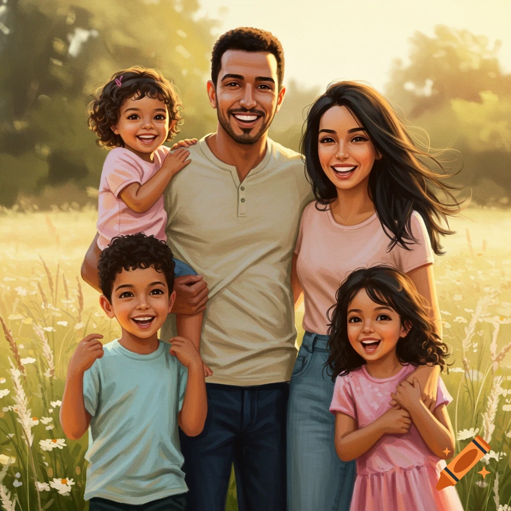 A smiling Egyptian family, including a man, woman, and two children, standing in a sunny field.