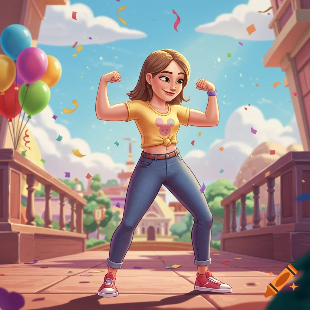 A confident cartoon woman in a yellow top and jeans flexes her biceps on a bridge with balloons and confetti under a blue sky.
