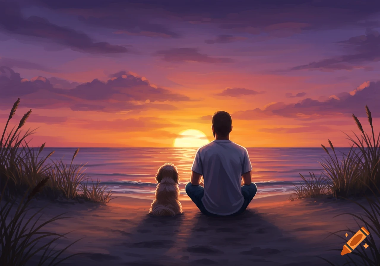 A man and a Shih Tzu dog sit on a beach, watching a vibrant sunset over the ocean.