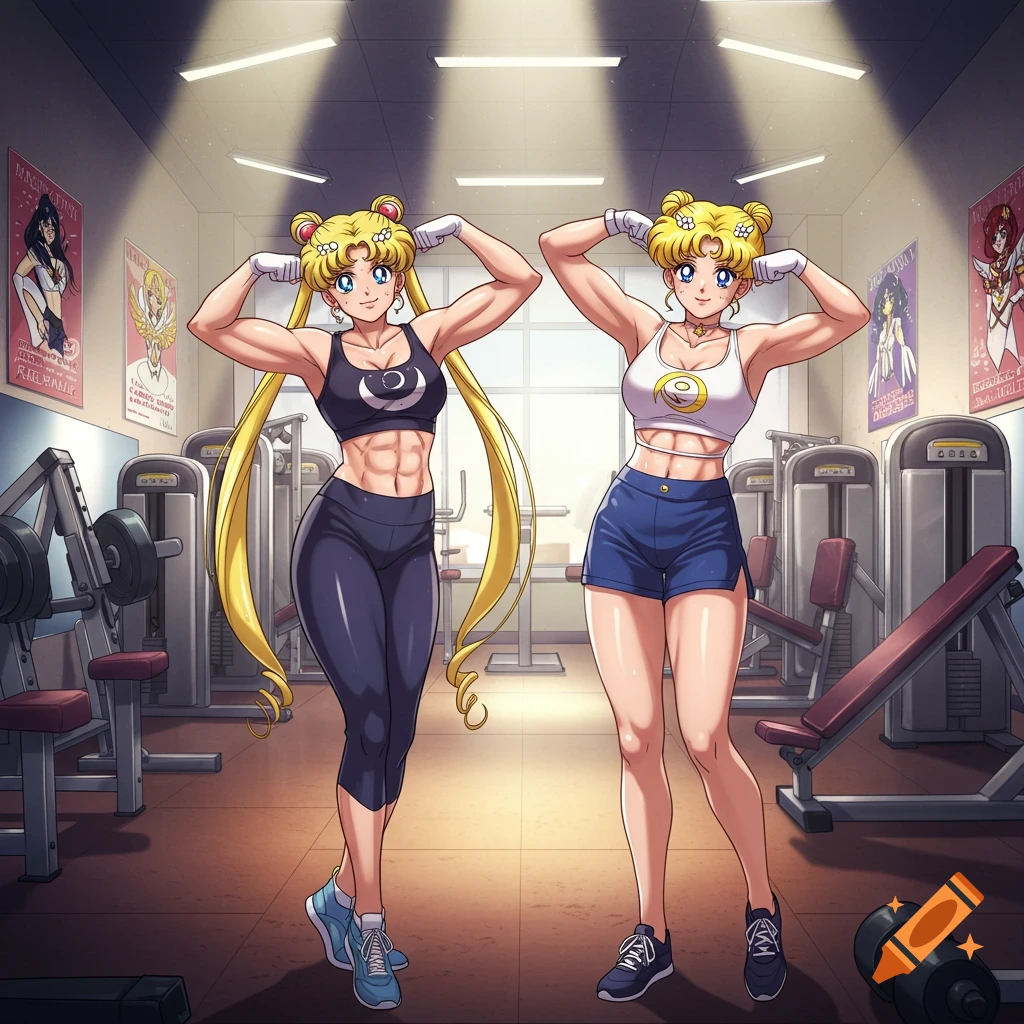 Anime-style depiction of two muscular women, one resembling Sailor Moon, flexing their biceps in a gym.