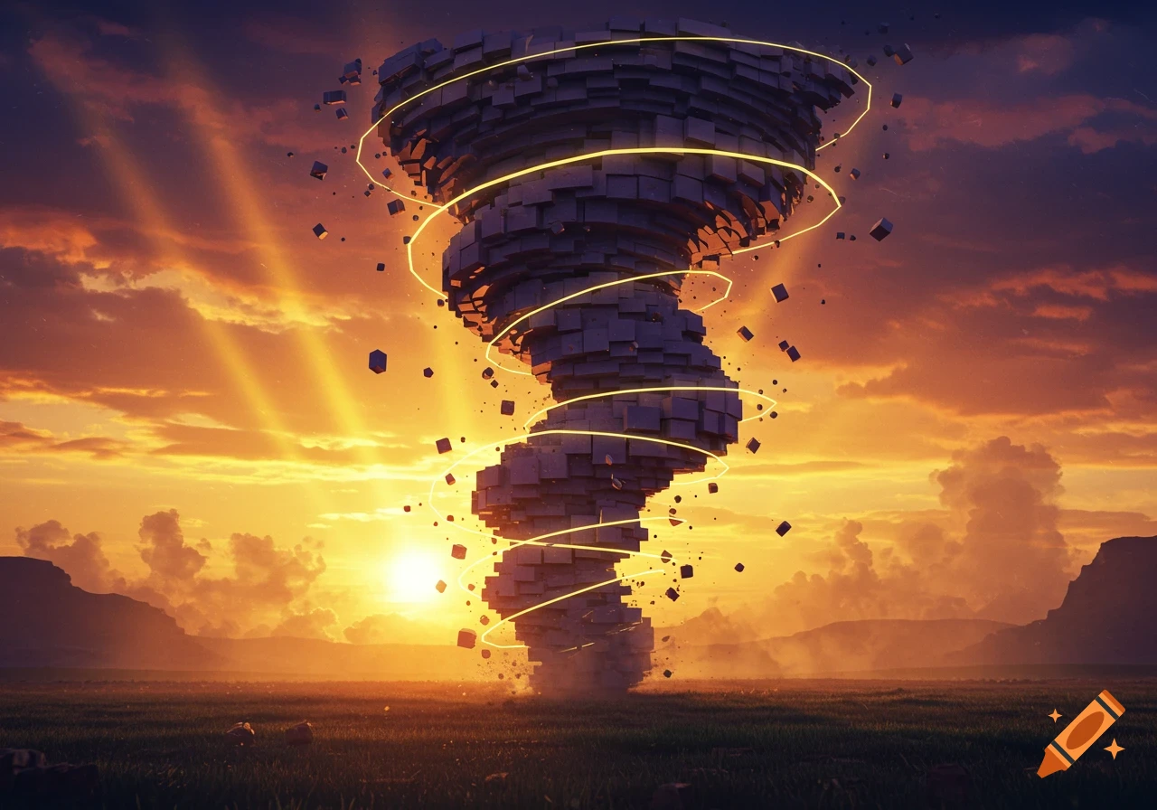 A conceptual tornado made of dark blocks with glowing yellow lines, against an orange sunset sky over a field.
