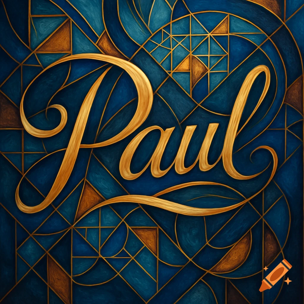 Golden, ornate cursive script spells 'Paul' against a dark blue and brown geometric, stained-glass-like background.