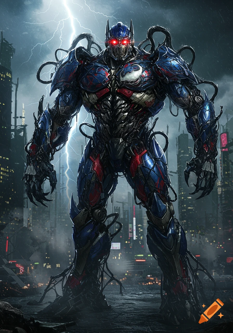 A menacing Optimus Prime fused with Venom stands in a dark, rainy city under lightning, with glowing red eyes.