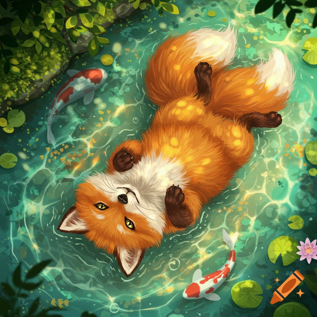 An illustrative aerial view of a cute orange fox floating on its back in clear blue-green water with koi fish and lily pads.