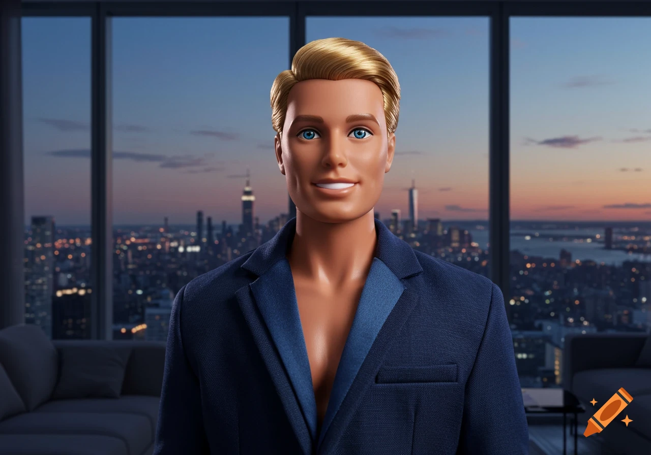 Photorealistic image of a Ken doll in a blue suit jacket in an apartment overlooking a city skyline at dusk.