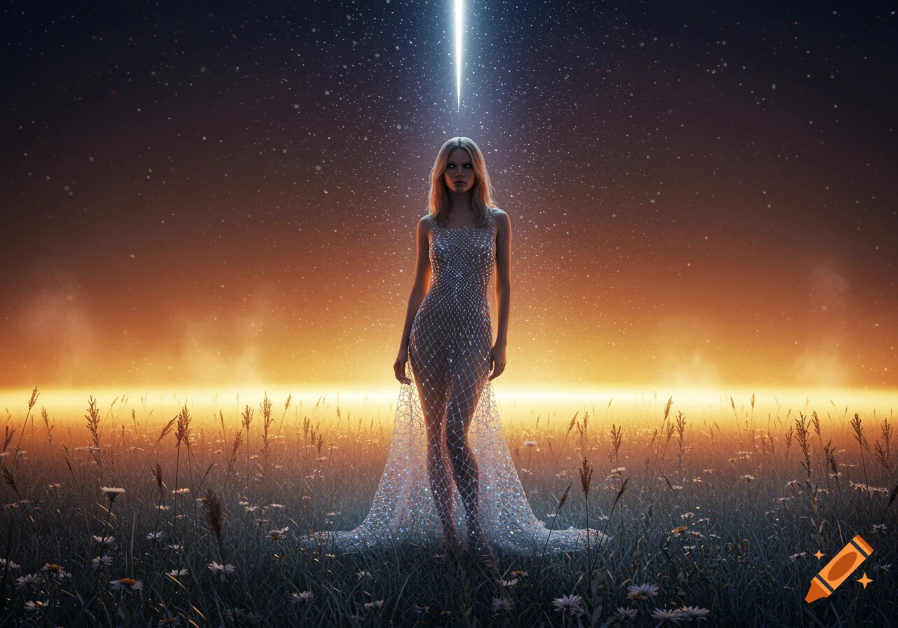 Woman in a sparkling mesh dress stands in a field at twilight with a light beam from a starry sky.