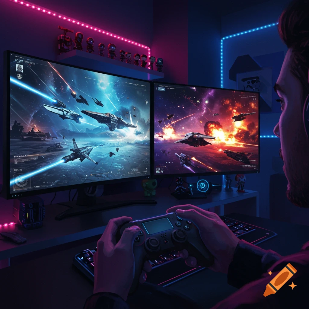 A person plays a sci-fi video game on two large curved monitors in a dark room illuminated by neon lights.