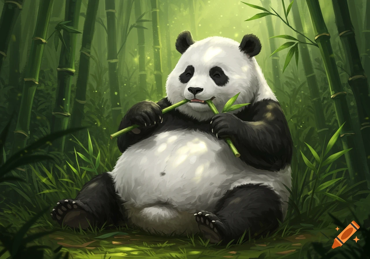 A plump panda sits in a bamboo forest, happily munching on bamboo stalks in a vibrant, illustrative style.