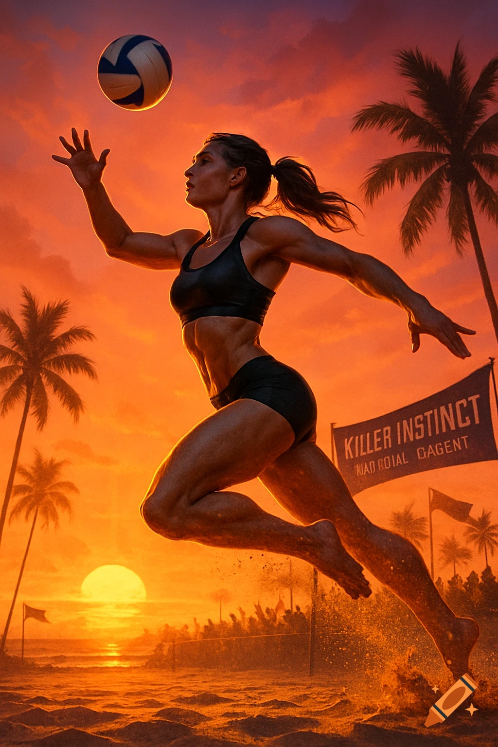 A muscular woman in athletic wear jumps to hit a volleyball on a beach at sunset, with palm trees and a banner in the background.