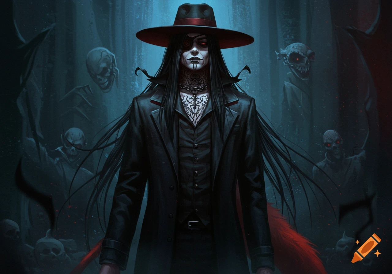 Dark fantasy digital art of a long-haired character in a black coat and fedora, with a missing eye and tattoos, surrounded by eerie skull-like figures in a teal forest.