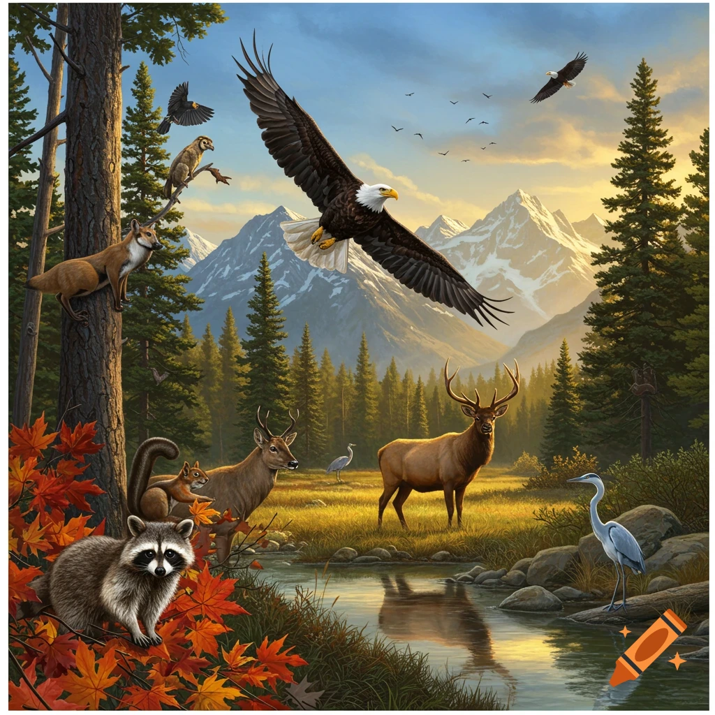A scenic natural landscape with various wild animals including a bald eagle flying, a fox and raccoon on a tree, deer, elk, squirrel, and heron by a stream, with mountains in the background.