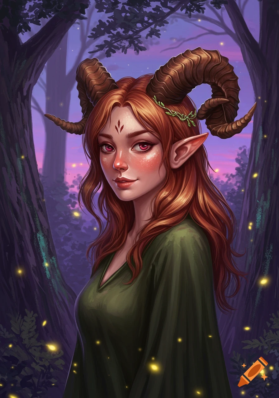 A digital painting of a red-haired forest spirit with ram horns and pointed ears, in a dark, magical forest.
