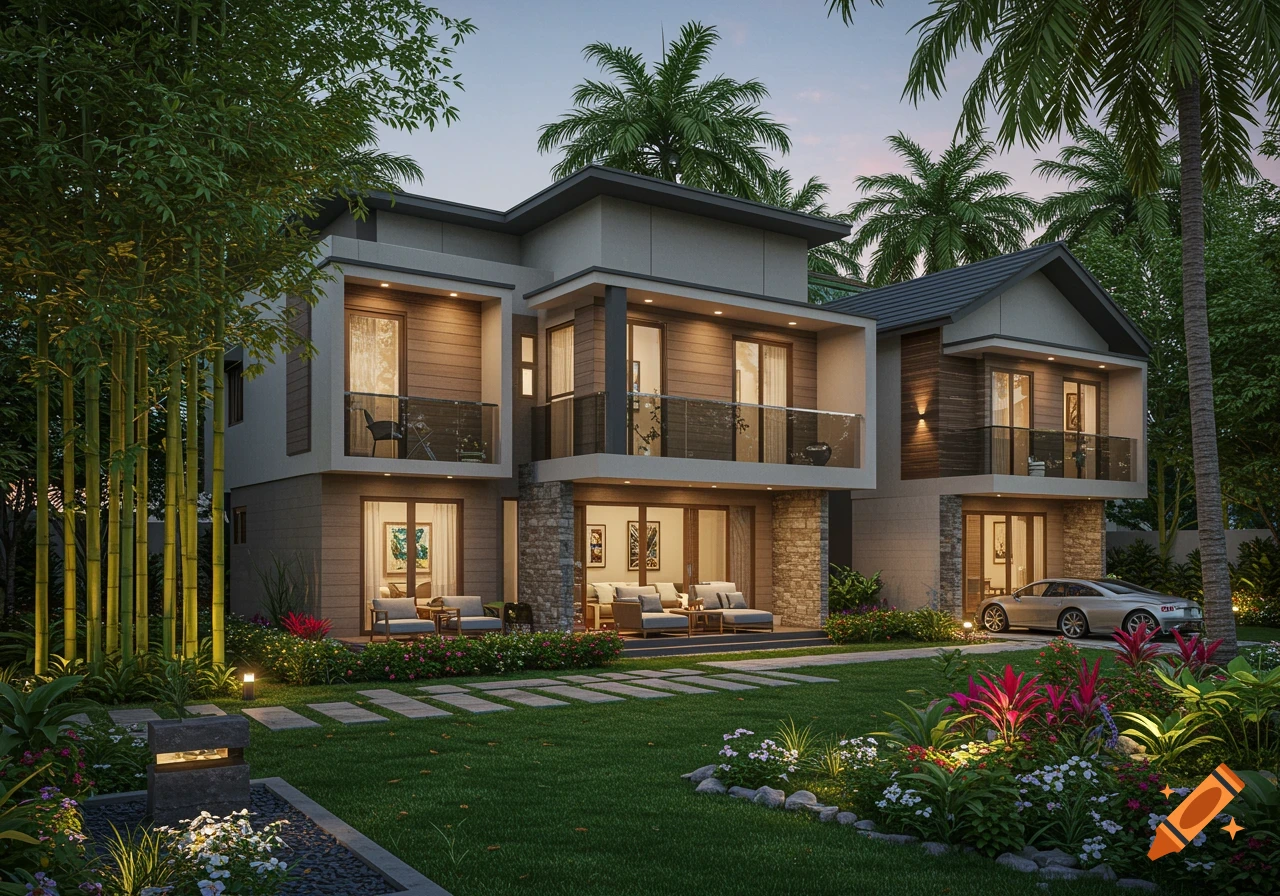 Photorealistic image of two modern houses with large green gardens, vibrant flowers, palm trees, and a car at dusk.