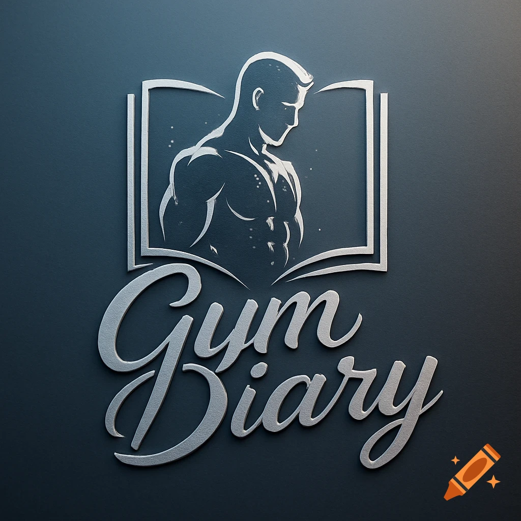 A silver 3D logo on a dark background features a silhouette of a muscular male torso above the words Gym Diary in a script font.