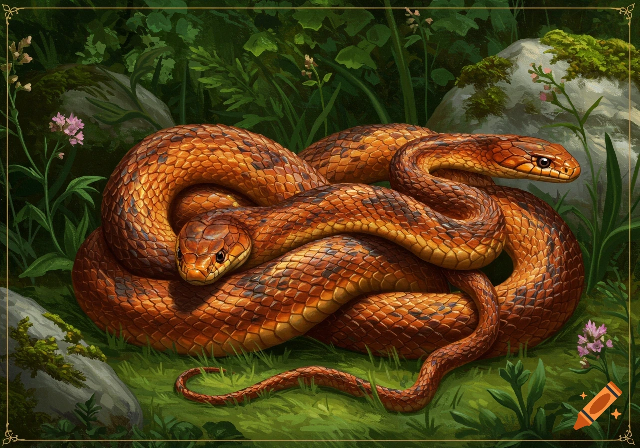 Two orange and black snakes coiled on green foliage amidst rocks and pink flowers, in a detailed digital painting style.