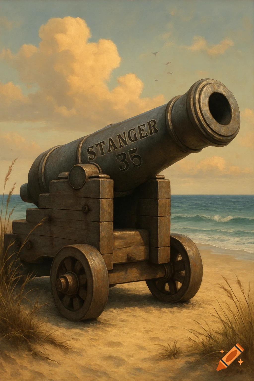 An old cannon sits on a sandy beach with the ocean in the background, painted in a realistic artistic style.
