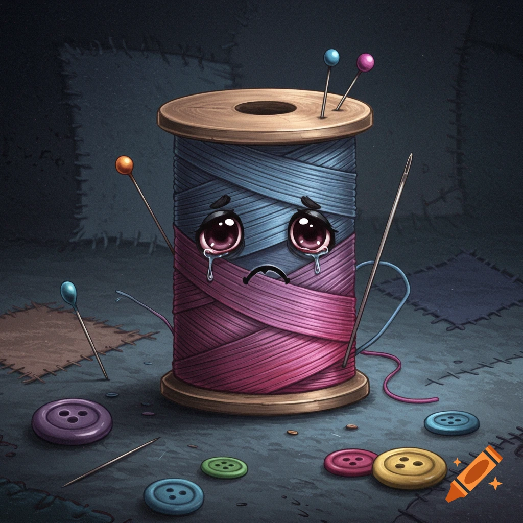 A cartoon spool of blue and pink thread with a sad, crying face stands among colorful buttons and pins.