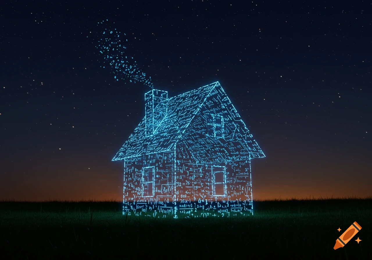 A glowing blue wireframe house made of mathematical equations and symbols stands in a grassy field under a starry night sky, with numbers rising from the chimney.