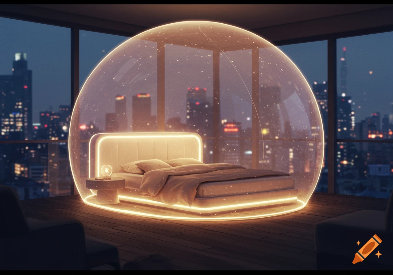 A futuristic bed with glowing lights inside a transparent bubble in a room with a city skyline view at night.