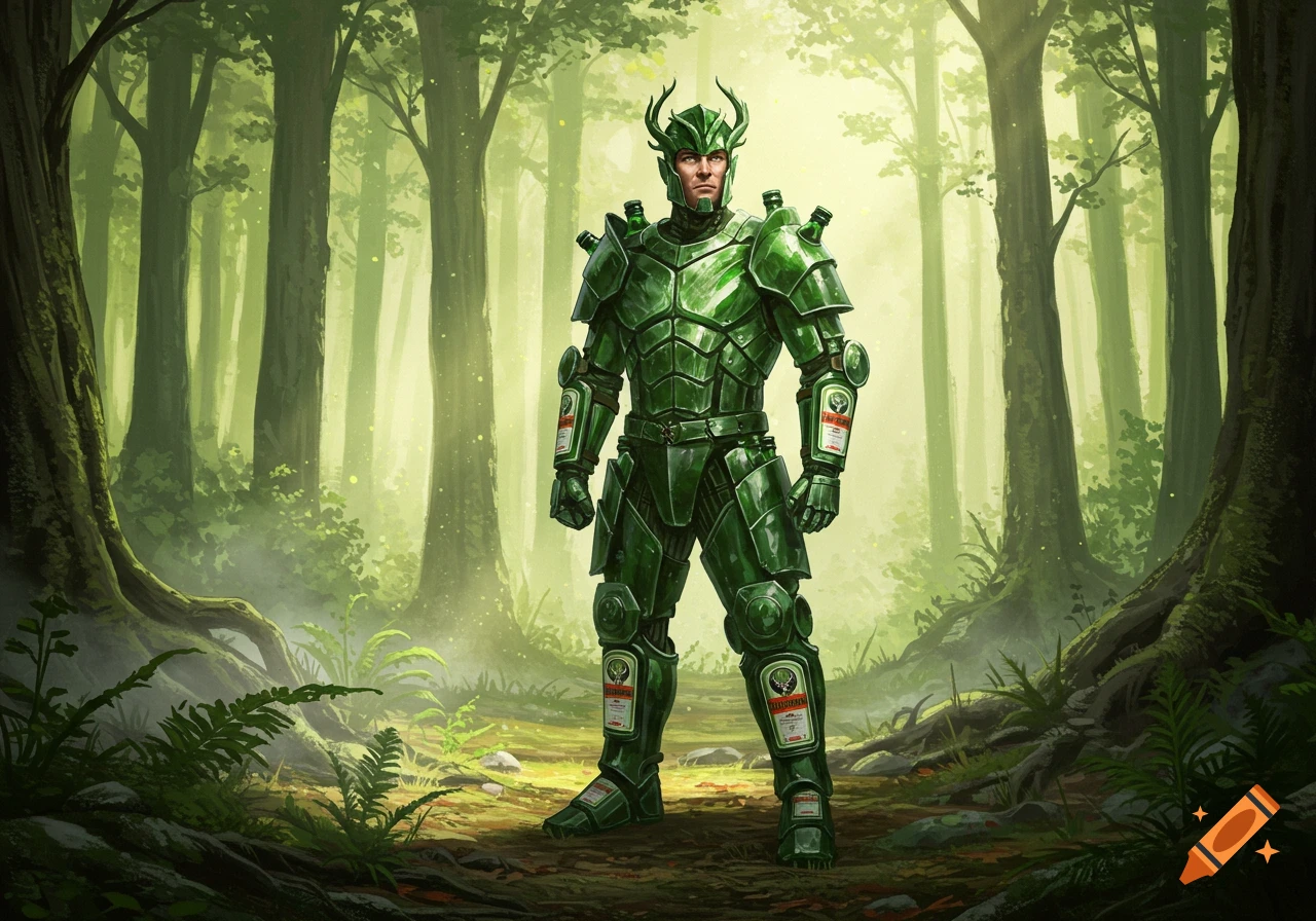 A man in shiny green armor with horned helmet stands in a sunlit forest. The armor has labels resembling alcohol bottles.