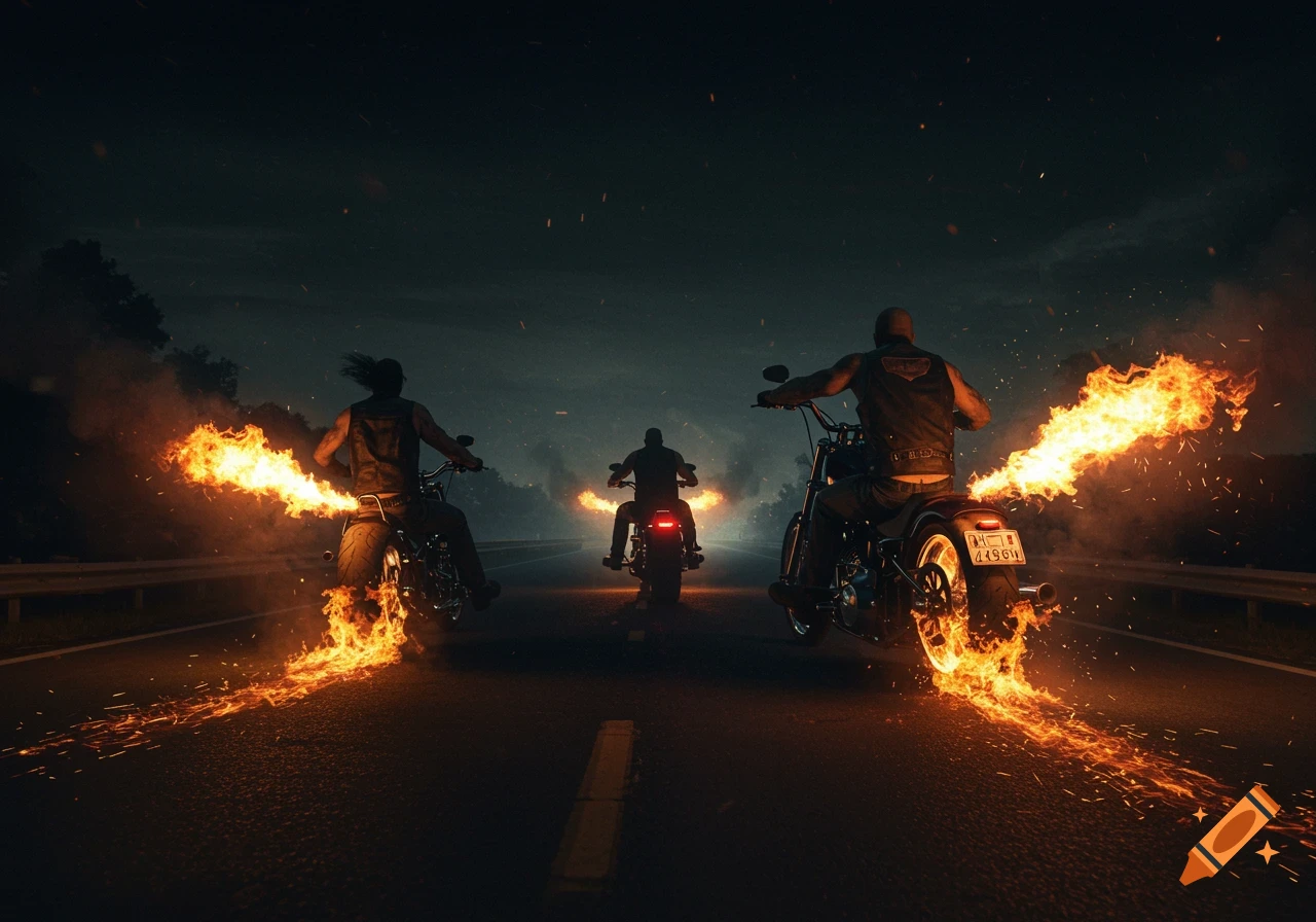Three bikers on chopper-style motorcycles seen from behind, leaving trails of fire on a dark road under a dramatic sky.