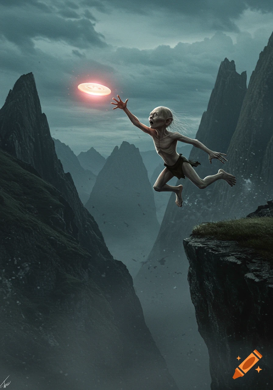 Gollum from Lord of the Rings jumps off a dark cliff in a mountainous landscape, reaching for a glowing ultimate frisbee disc.