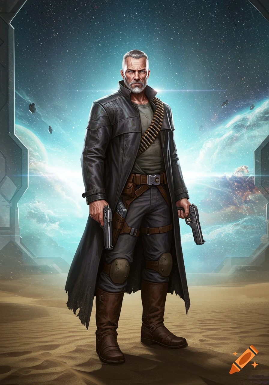 A male space mercenary in a leather duster holds two sci-fi pistols on a desert-like planet with a cosmic sky.