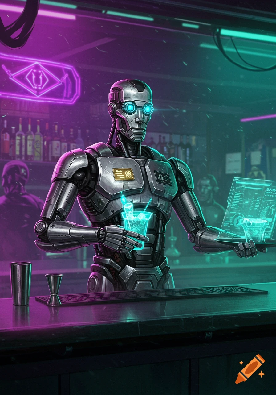 A detailed digital art piece of a robot bartender in a neon-lit bar, holding a glowing blue drink and a holographic data screen.