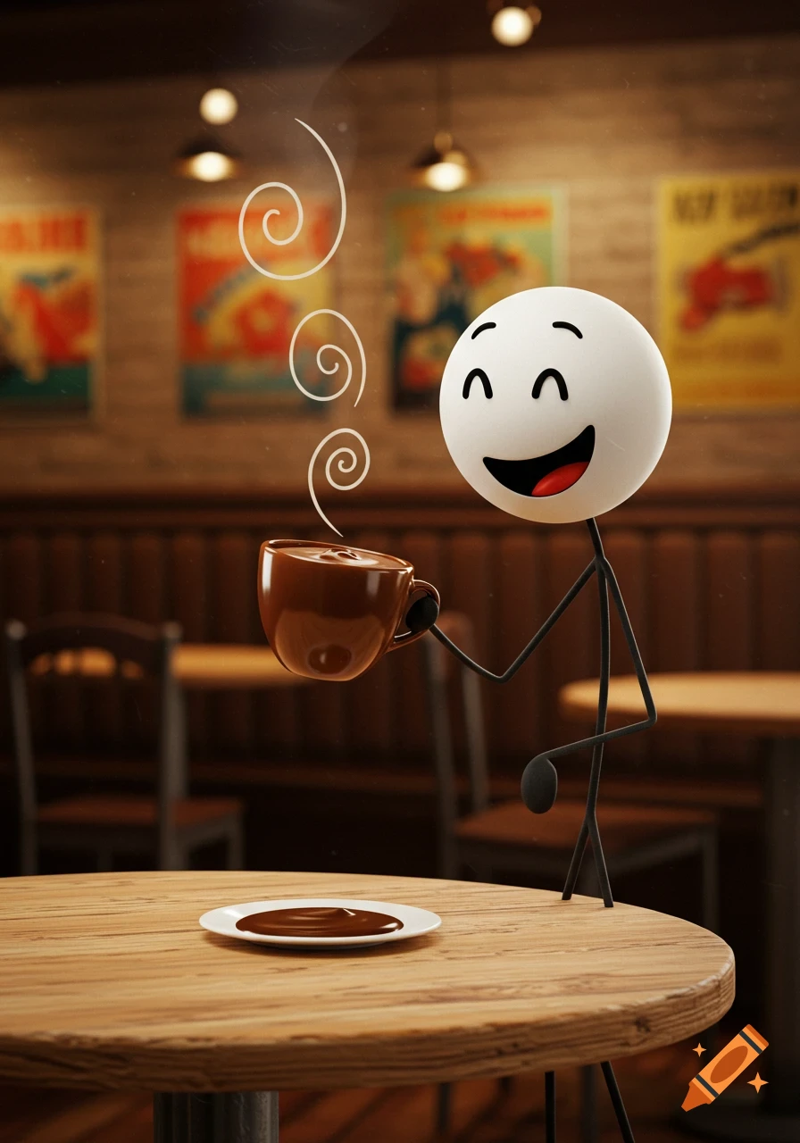 A happy stickman character holds a steaming cup of hot chocolate, with some spilled on a wooden table in a cozy cafe.