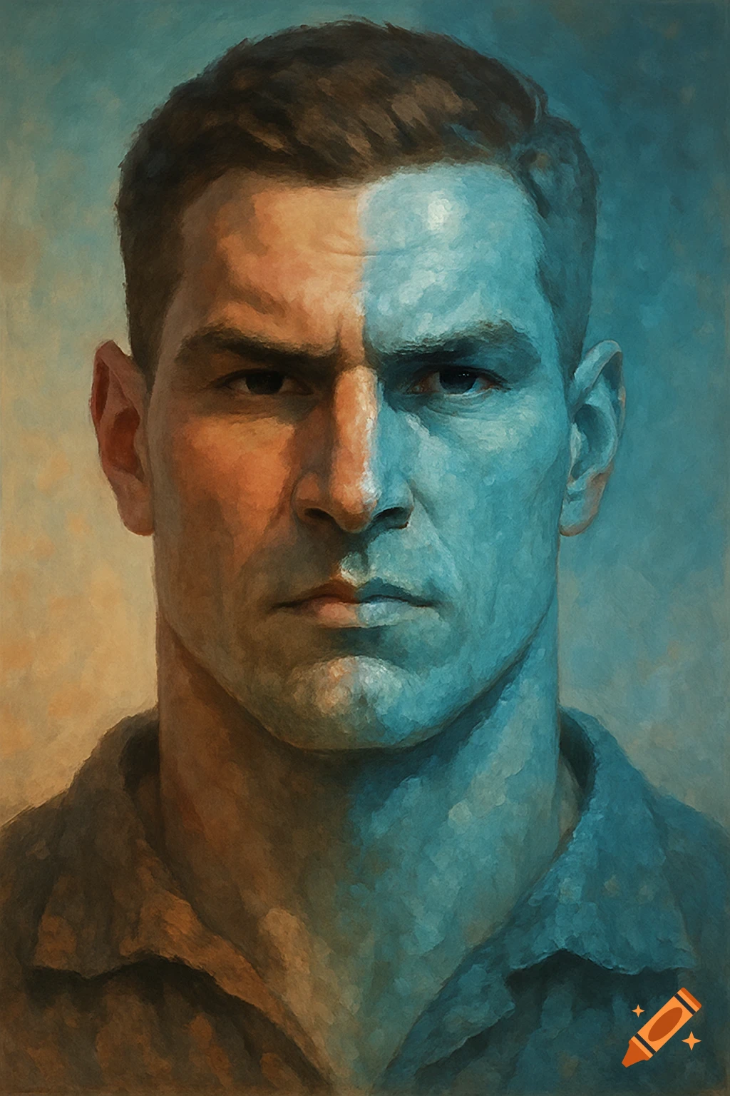 An oil painting portrait of a man with half his face illuminated in warm orange and the other half in cool blue.