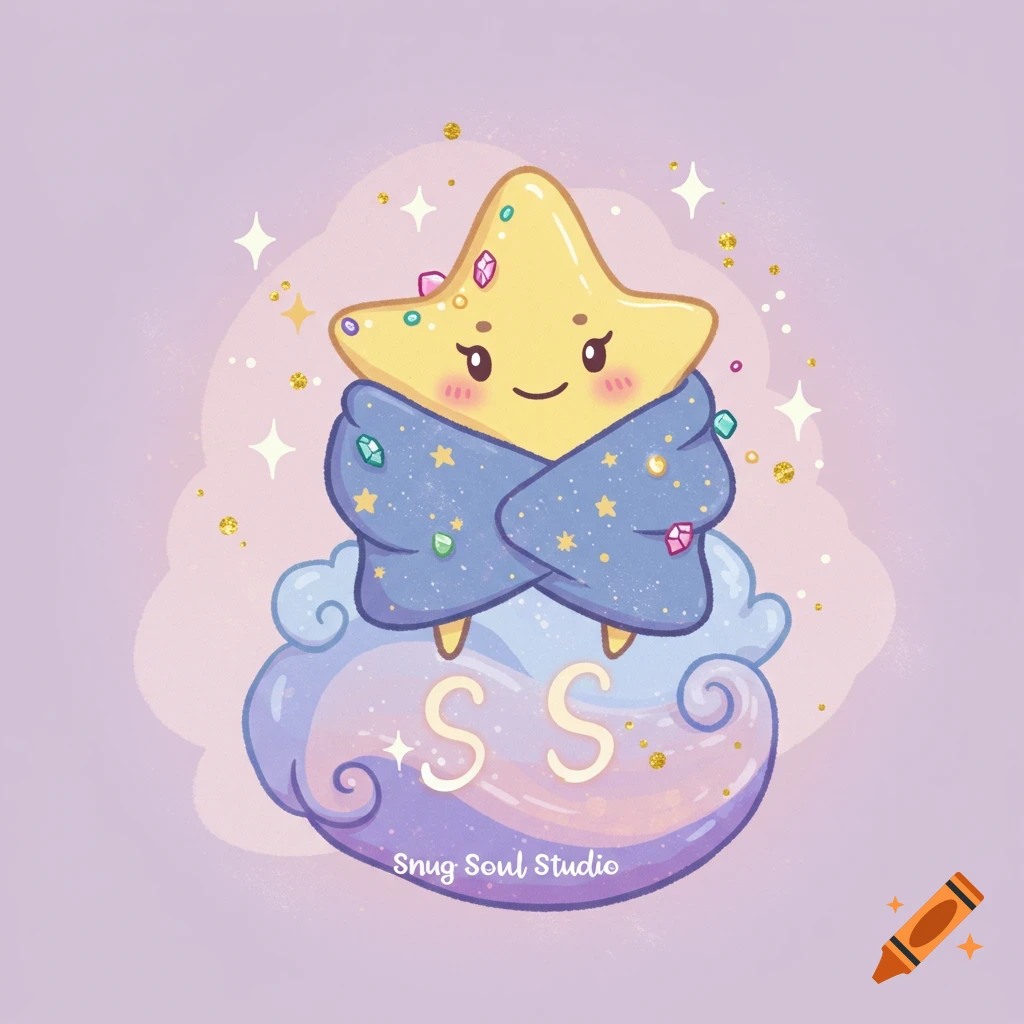 A cute yellow star character wrapped in a blue blanket sits on a purple cloud. The cloud has 'SS' on it, and 'Snug Soul Studio' is written below.