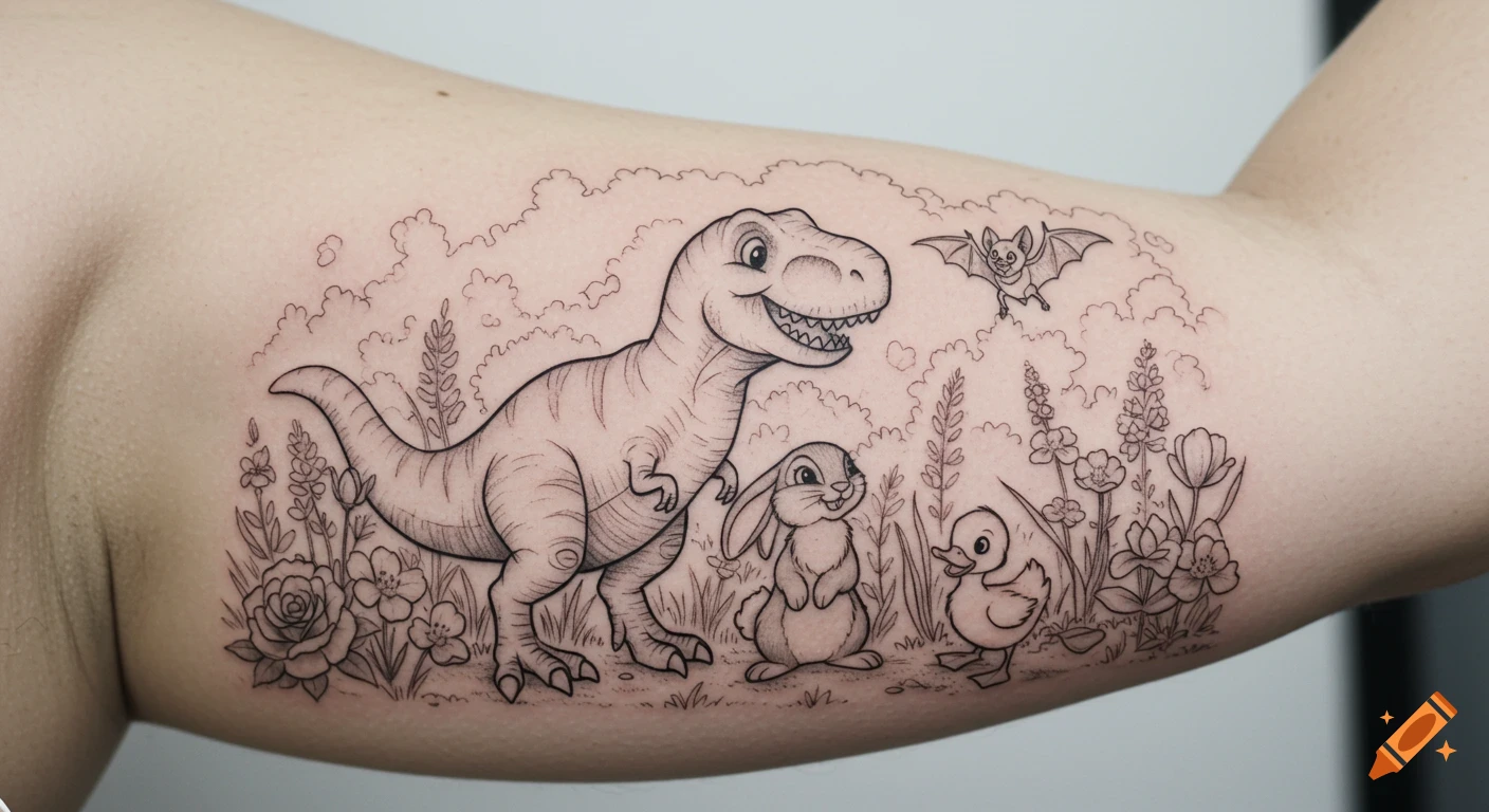 Black outline tattoo on an arm featuring a cartoon T-Rex, bunny, duckling, and bat among flowers and clouds.