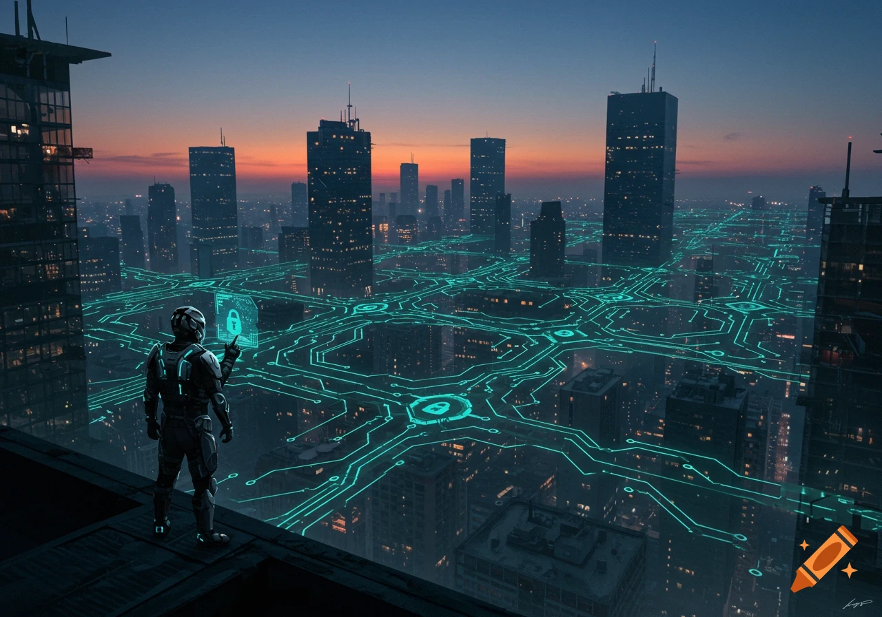 A futuristic armored figure overlooks a sprawling city grid overlaid with glowing digital circuits at dusk. A holographic lock icon floats nearby.