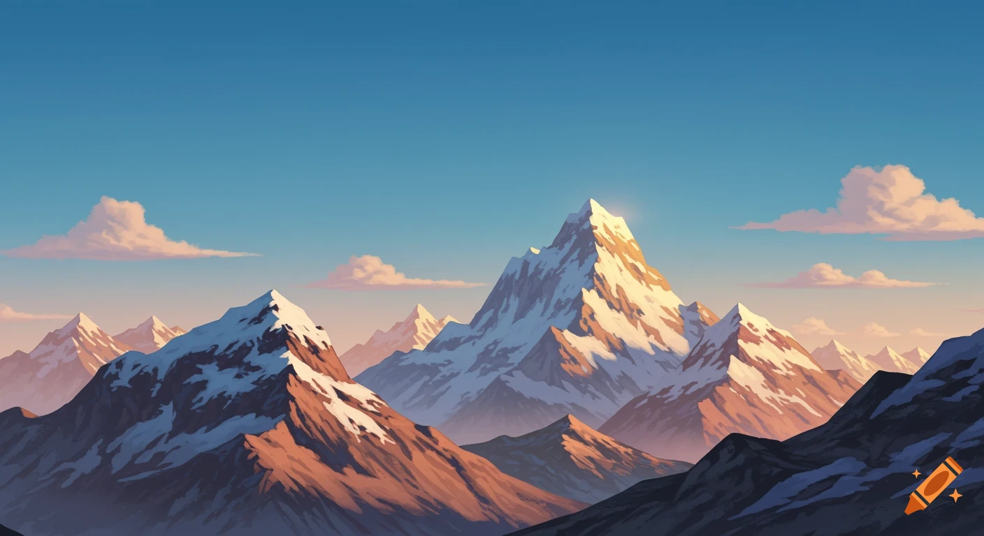 Snow-capped mountains at sunrise in a cartoon animation style.